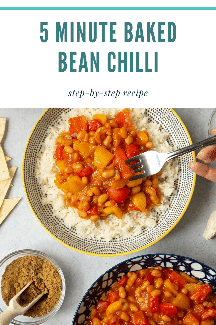 A 5 minute baked bean chilli served on a bed of rice in a bowl, shown from above. A fork lifts a bite of chilli from the bowl. Caption reads: 5 minute baked bean chilli. Step-by-step recipe