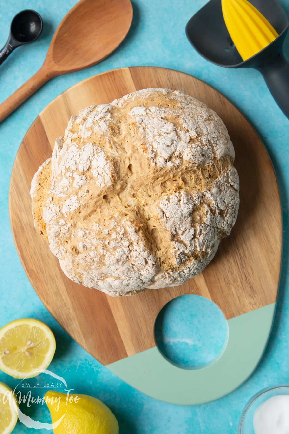 Vegan soda bread on a wooden board.