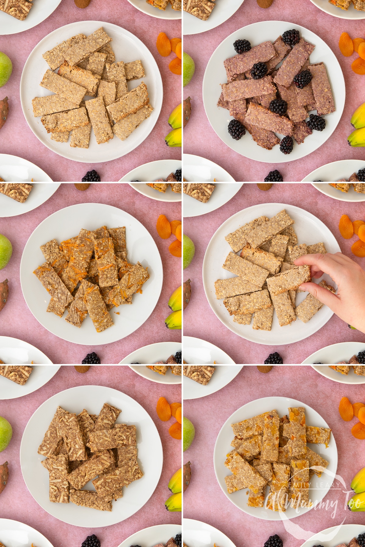 A collage of images showing white plates piled with various flavours of oat fingers.