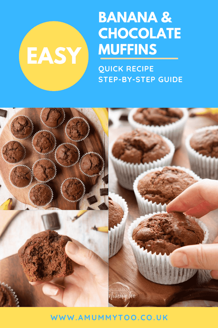 Graphic text EASY BANANA & CHOCOLATE MUFFINS QUICK RECIPE STEP-BY-STEP GUIDE above collage of overhead shot of banana and chocolate muffins, front angle shot of a hand holding a banana and chocolate muffin, and front angle shot of a hand holding a banana and chocolate muffin