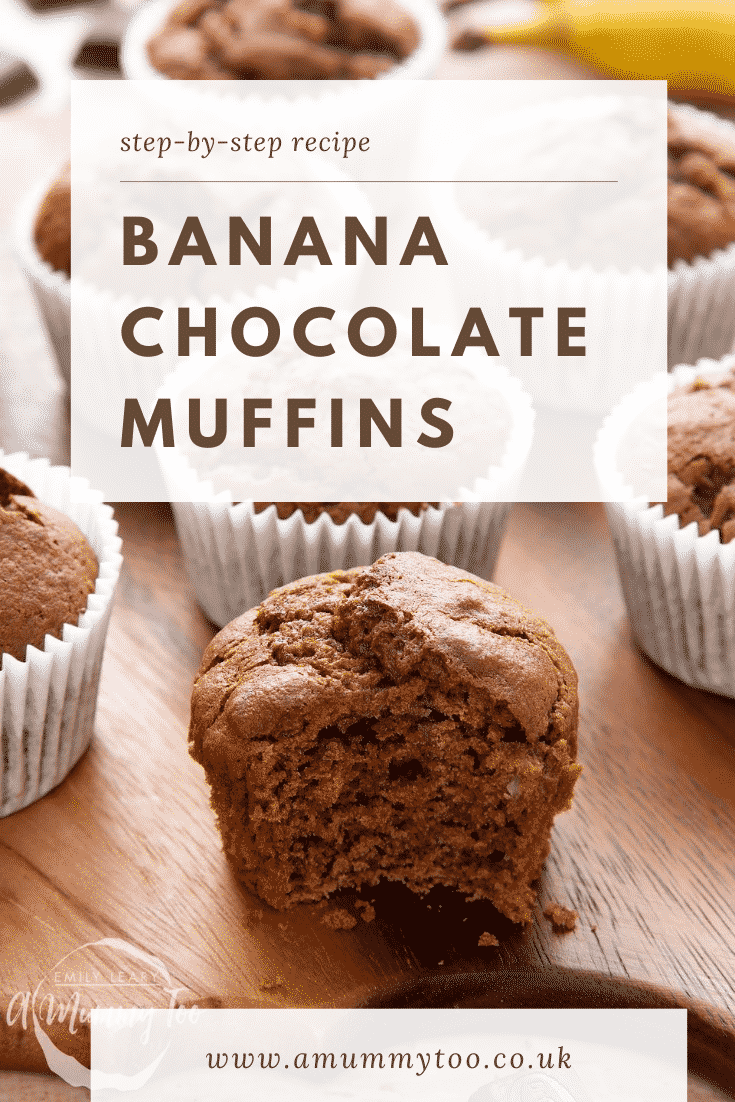 Graphic text with step-by-step recipe BANANA CHOCOLATE MUFFINS above front angle shot of half eaten banana and chocolate muffins served on a wooden plate with website URL below