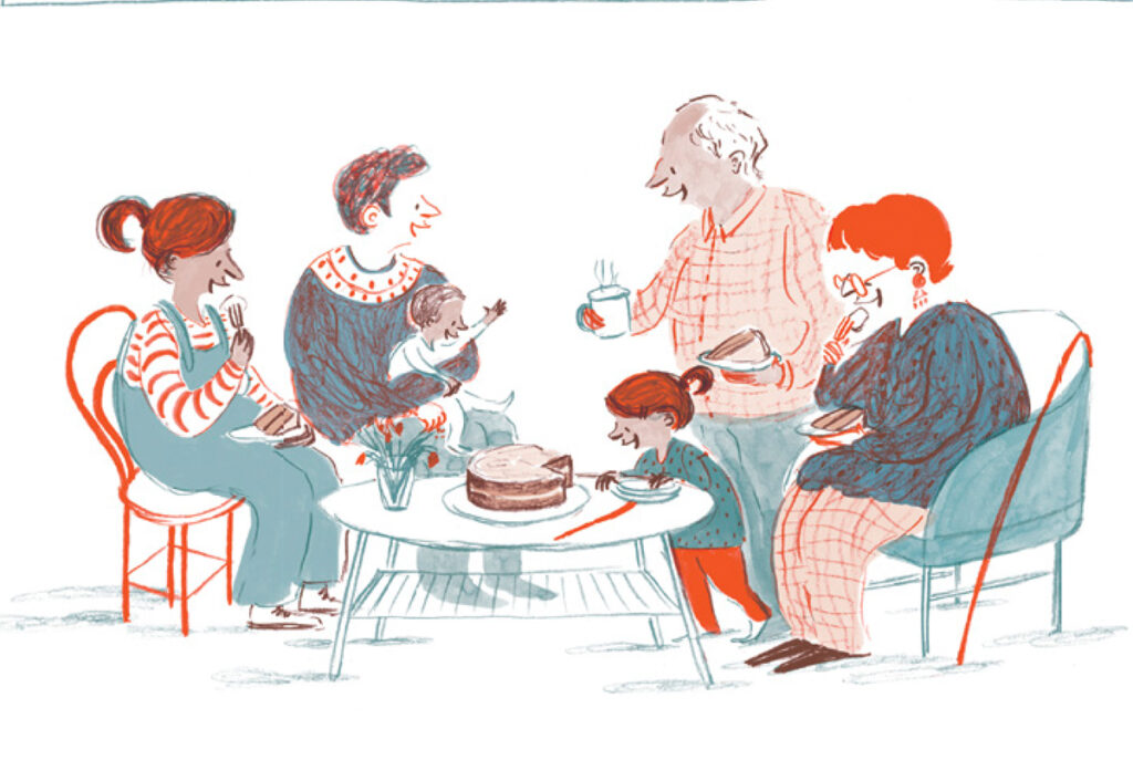 Illustration of a family sitting at a table eating chocolate cake. Illustration by Rachel Stubbs for My First Cook Book.
