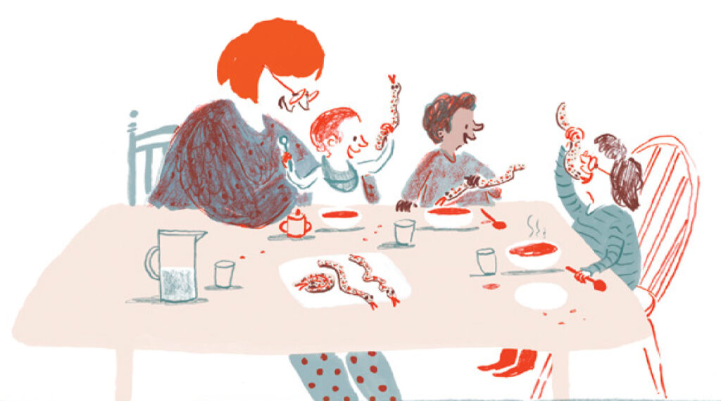 Illustration of a family sitting at a table eating bread snakes. Illustration by Rachel Stubbs for My First Cook Book.