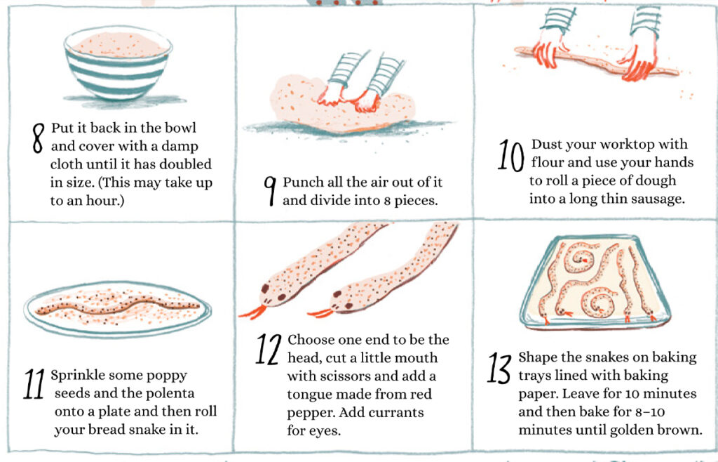 Illustration of a instructions to make bread snakes. Illustration by Rachel Stubbs for My First Cook Book.