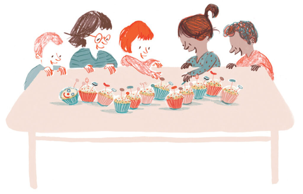 Illustration of a family sitting at a table eating a cakey caterpillar. Illustration by Rachel Stubbs for My First Cook Book.