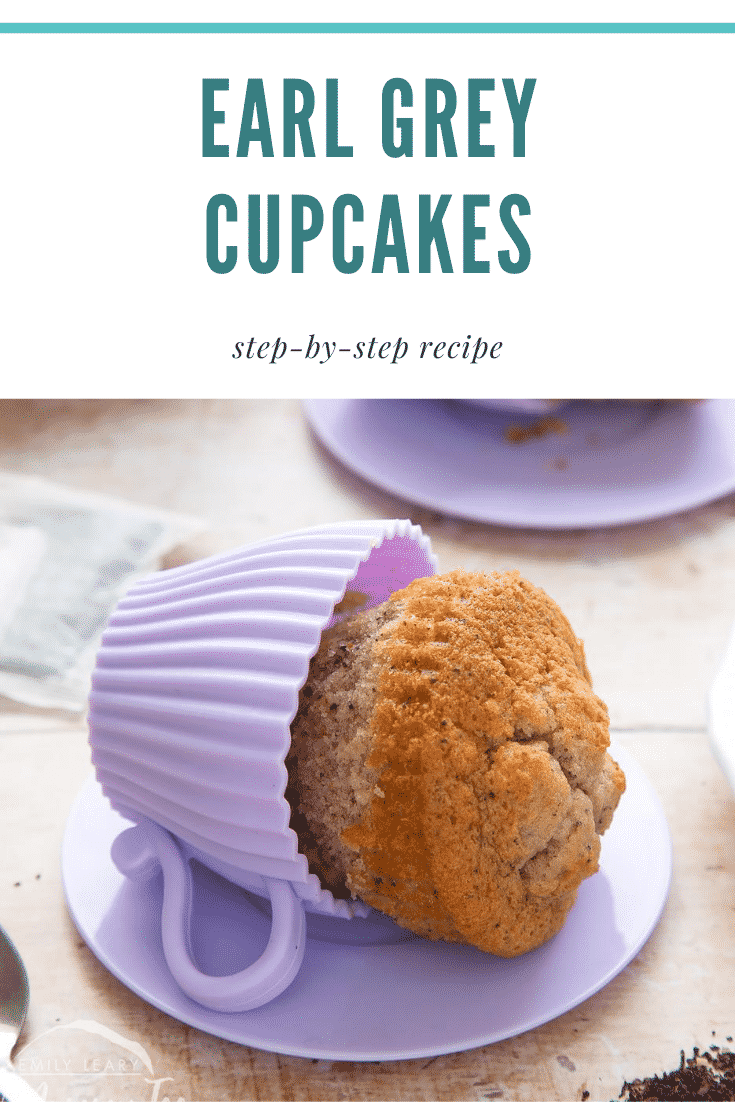 Graphic text for Pinterest overlayed from a side on earl grey cupcake being removed from a silicone mould.