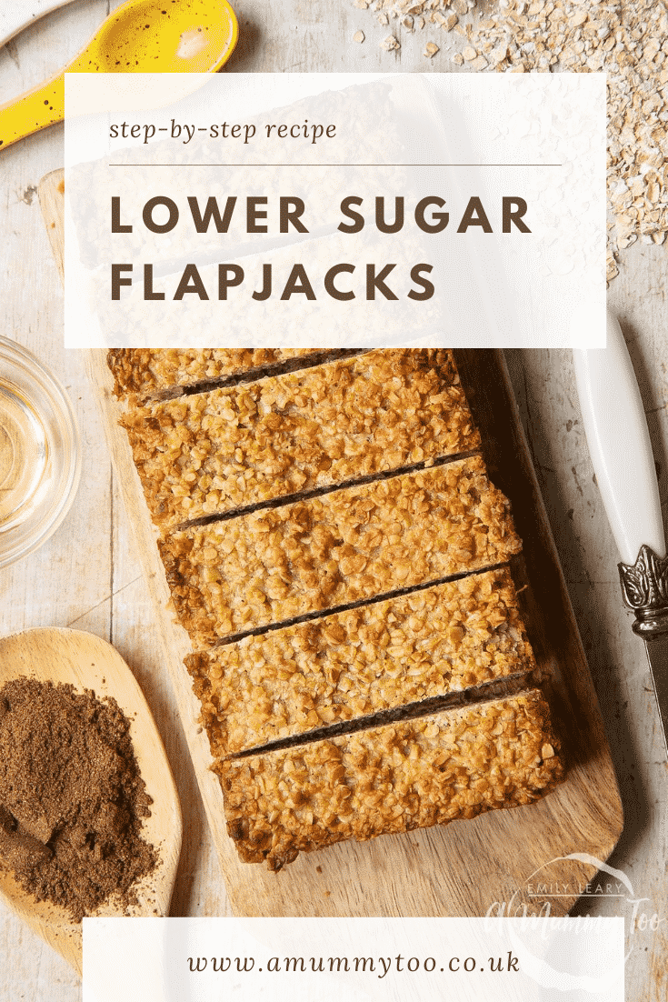 graphic text step-by-step recipe LOWER SUGAR FLAPJACKS above overhead shot of vanilla oat bars served on a wooden plate with website URL below