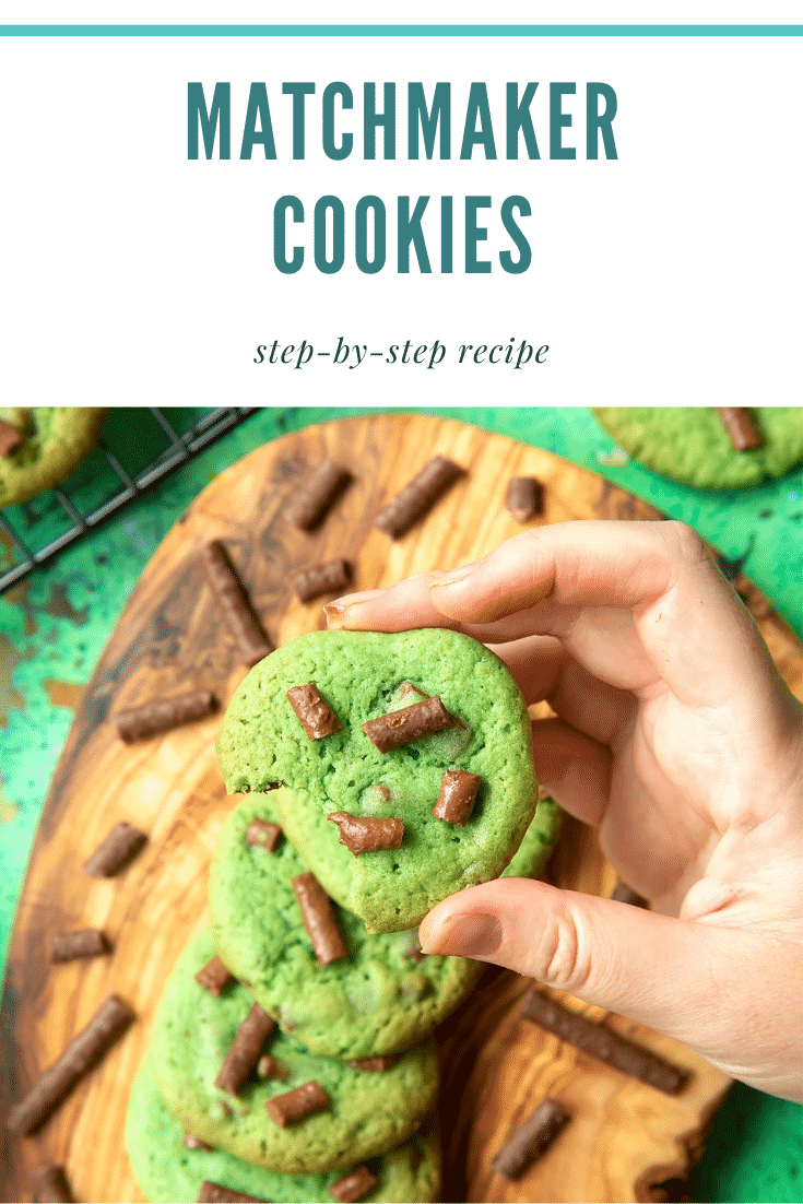 Hand holding a bitten Matchmaker cookie above more cookies arranged on a wooden board. Caption reads: Matchmaker cookies step-by-step recipe