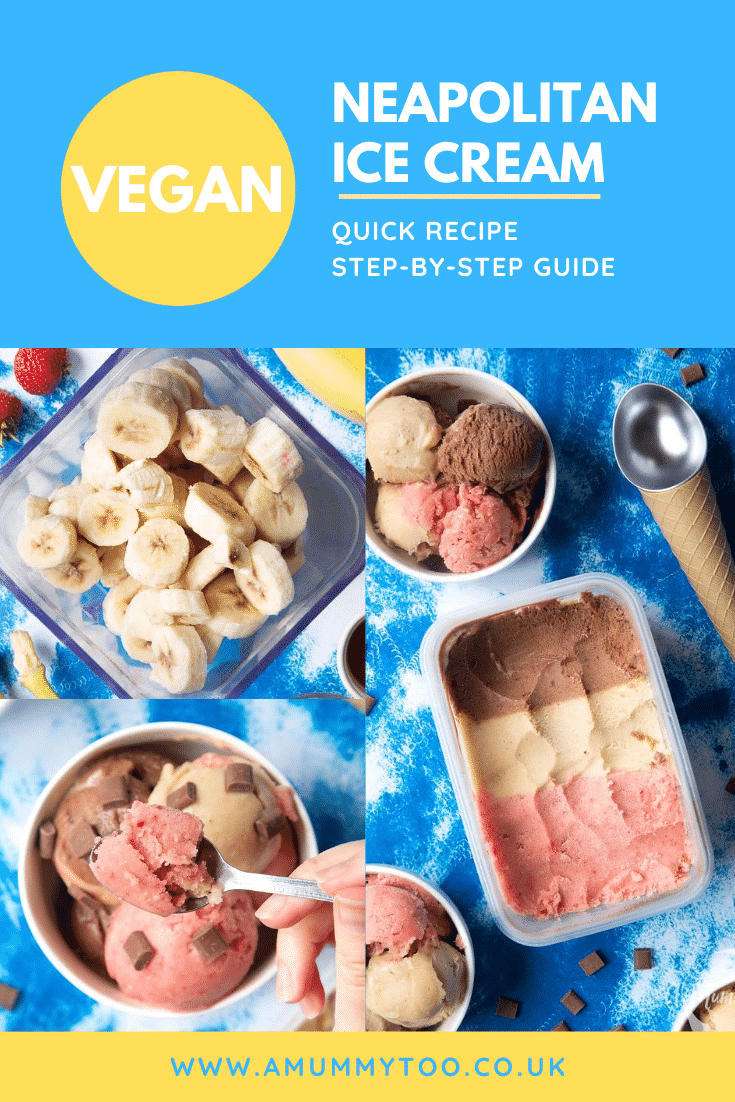 Collage of images showing the making of dairy-free Neapolitan ice cream. Caption reads: Vegan Neapolitan Ice Cream Quick Recipe Step-By-Step Guide