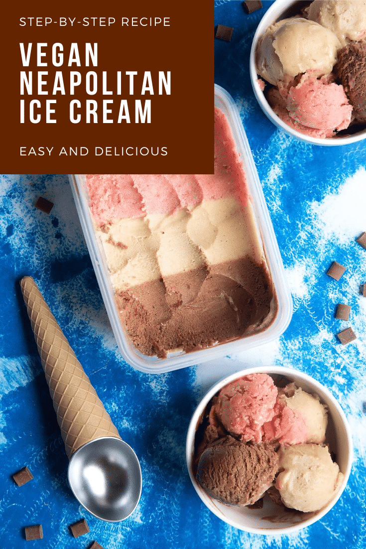 Dairy-free Neapolitan ice cream in a tub and served in small white bowls. Caption reads: Step-by-step Recipe Vegan Neapolitan Ice Cream Easy and Delicious
