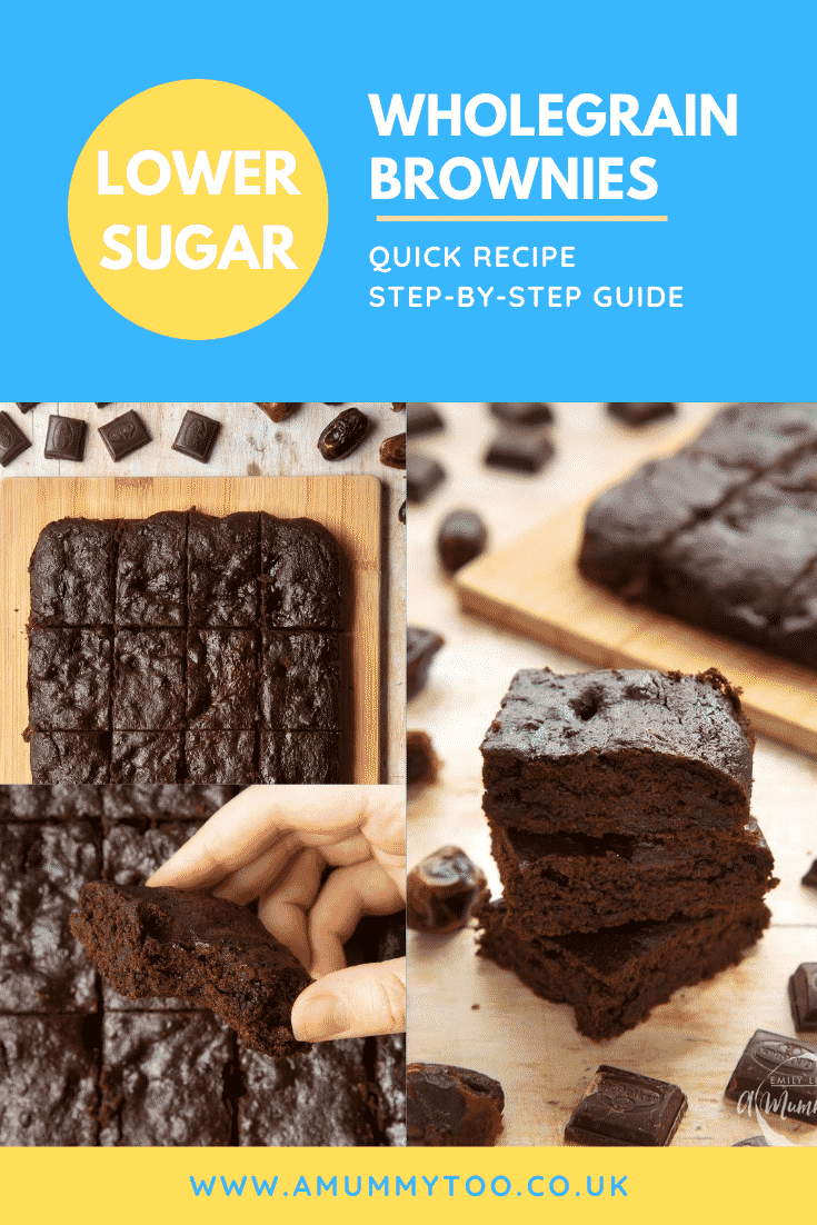 Collage of images of whole grain brownies made with dates and dark chocolate. Caption reads: lower sugar wholegrain brownies quick recipe step-by-step guide