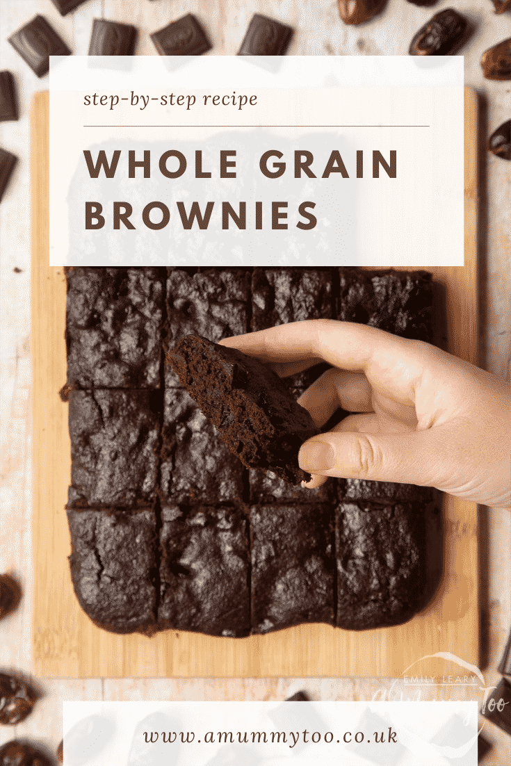 A board of whole grain brownies made with dates and dark chocolate. A hand holds one. Caption reads: step-by-step recipe whole grain brownies