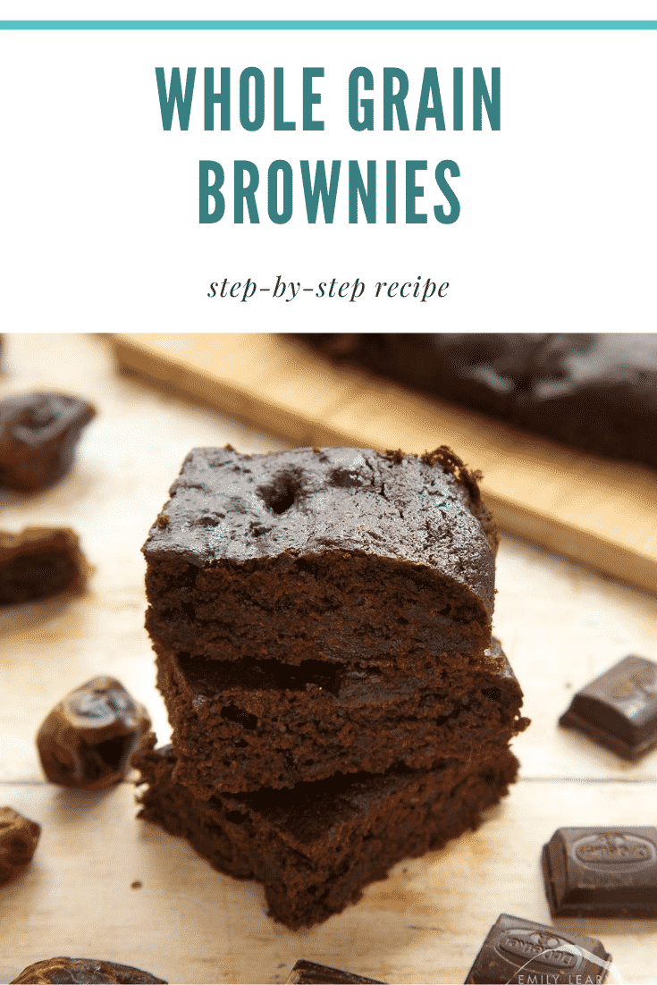 A stack of whole grain brownies made with dates and dark chocolate. Caption reads: whole grain brownies step-by-step recipe