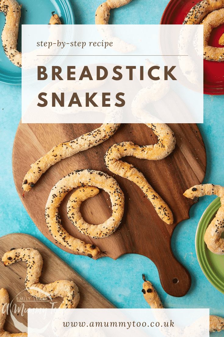 Bread snakes on a wooden board. Caption reads: step-by-step recipe breadstick snakes
