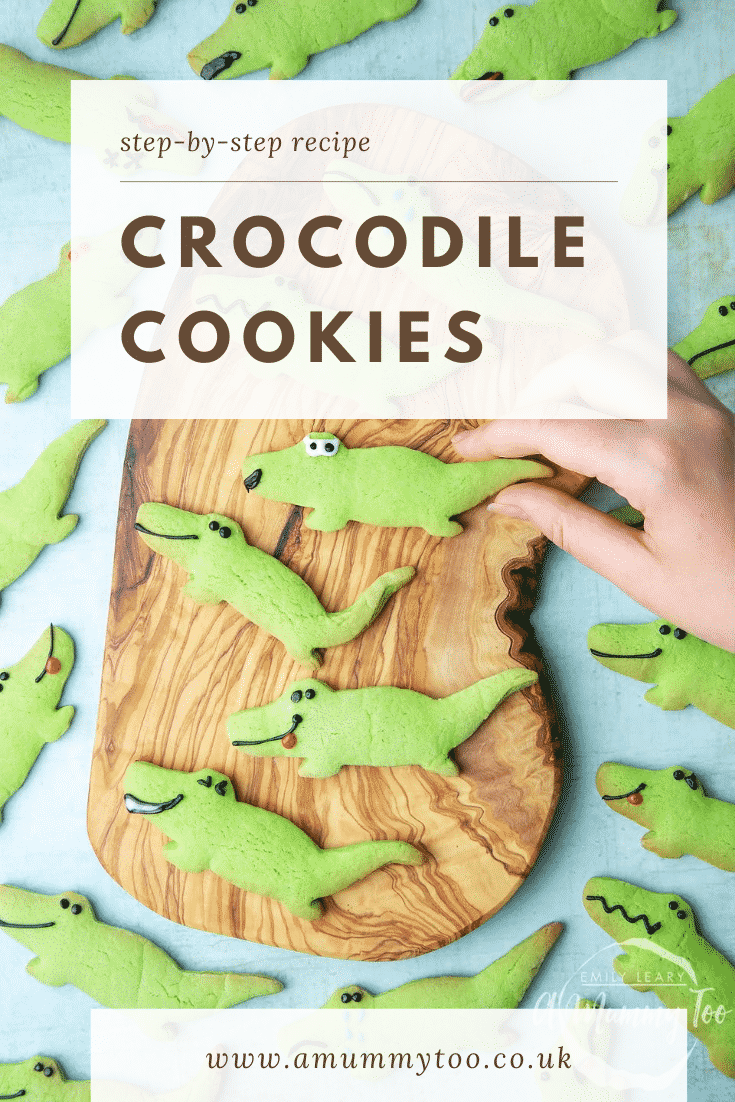 graphic text step-by-step recipe CROCODILE COOKIES above Overhead shot of a hand holding a green Crocodile sugar cookie with website URL below