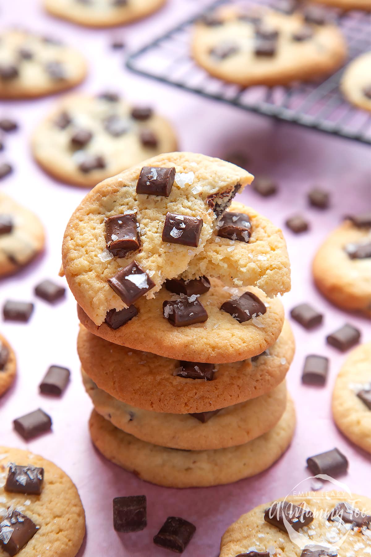 Front angle shot of a stack of dark chocolate sea salt cookies with a mummy too logo in the lower-right corner