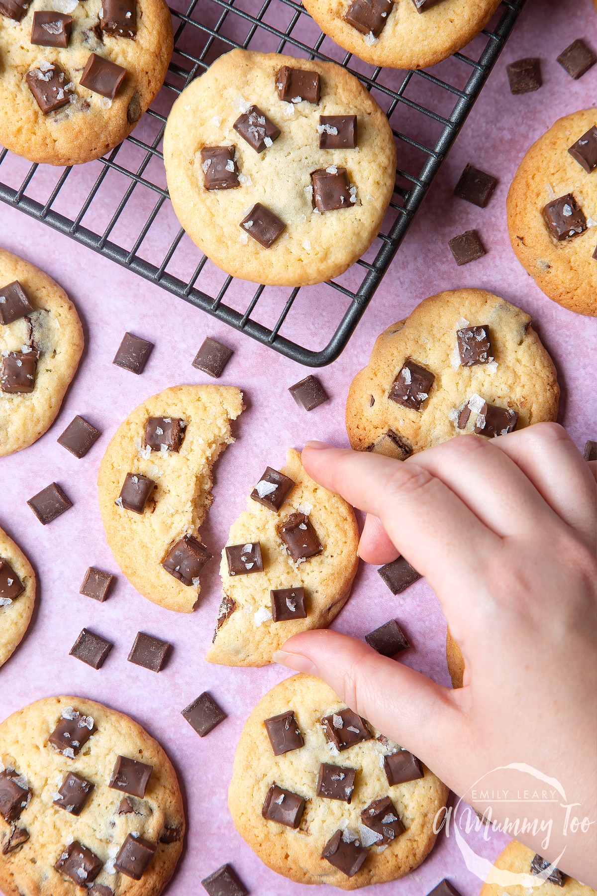 Overhead shot of a hand breaking a dark chocolate chip cookies with a mummy too logo in the lower-right corner