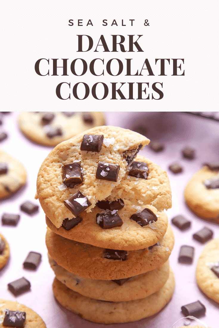 graphic text DARK CHOCOLATE COOKIES above Front angle shot of stacked chewy dark chocolate cookies