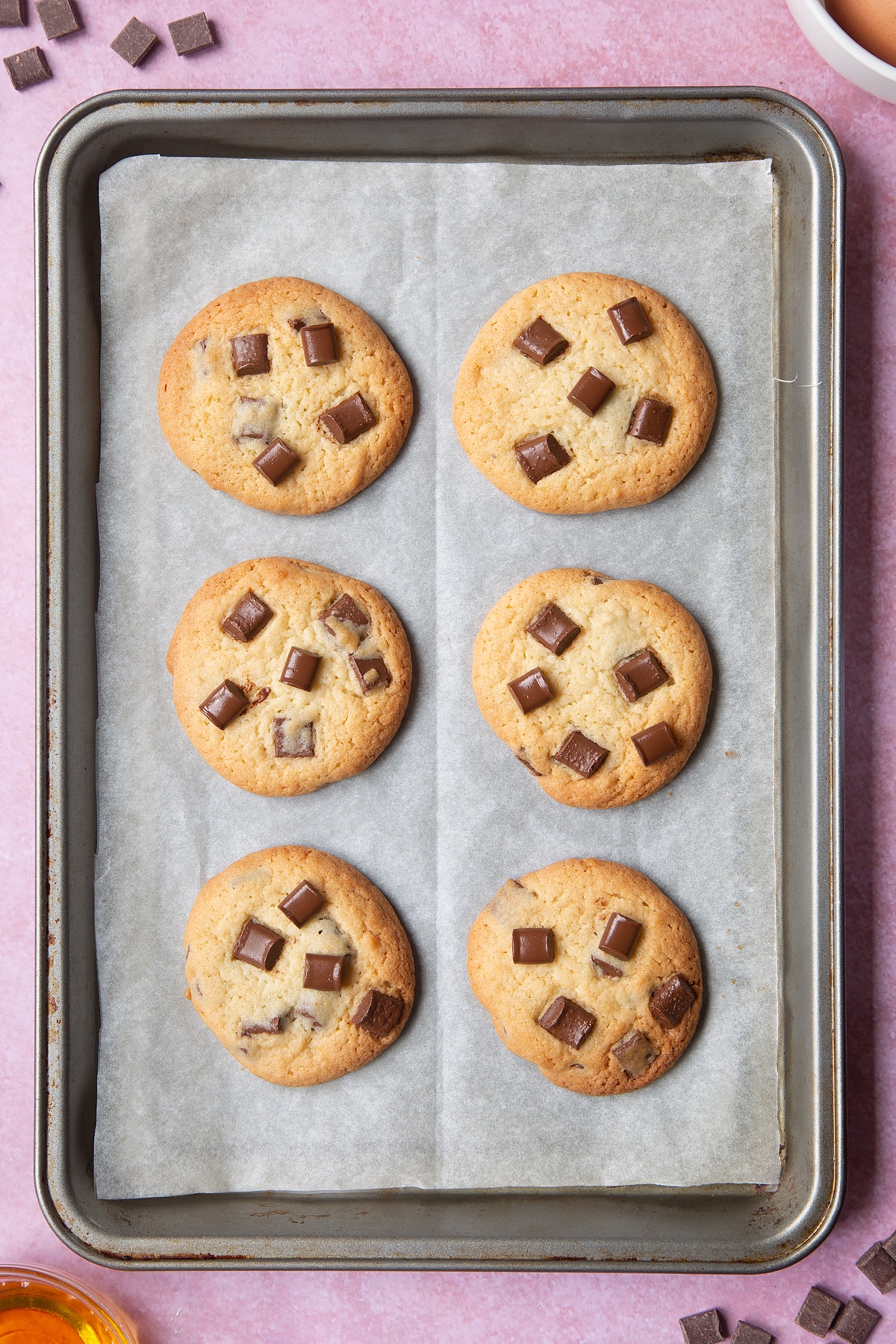 Overhead shot of finished cookies on a baking tray.