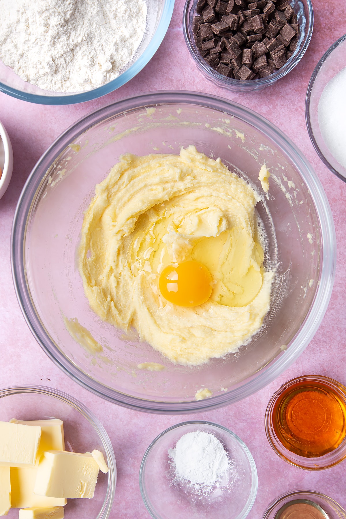 Overhead shot of butter and egg in a large bowl