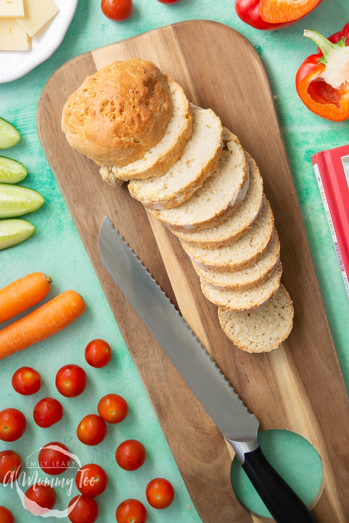 Overhead shot of Flowerpot bread served on a wooden plate
