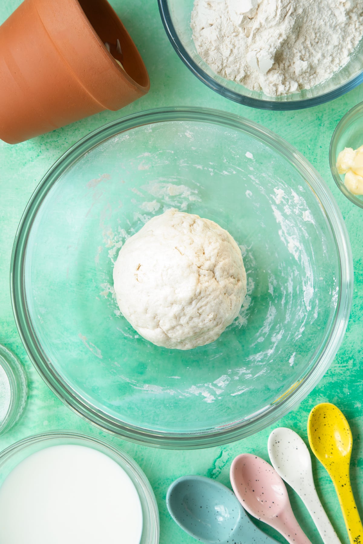 Overhead shot of a ball of dough required for the flowerpot bread.