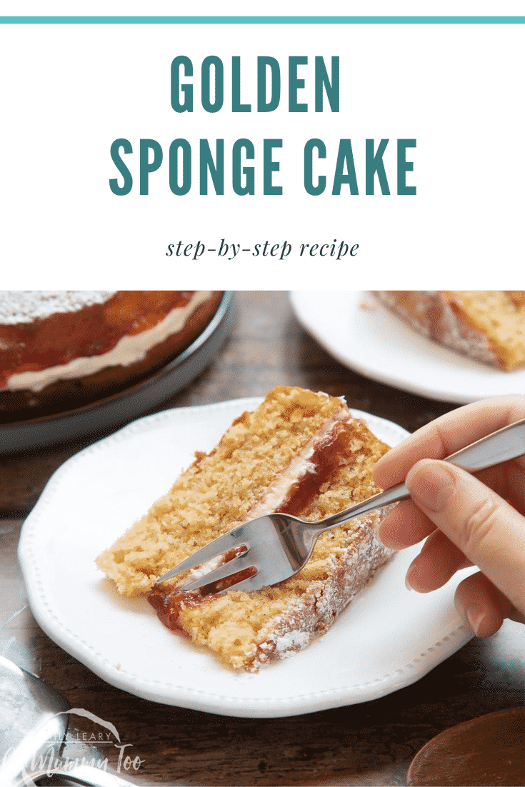 graphic text GOLDEN SPONGE CAKE step-by-step recipe above a golden sponge cake with a mummy too logo in the lower-left corner