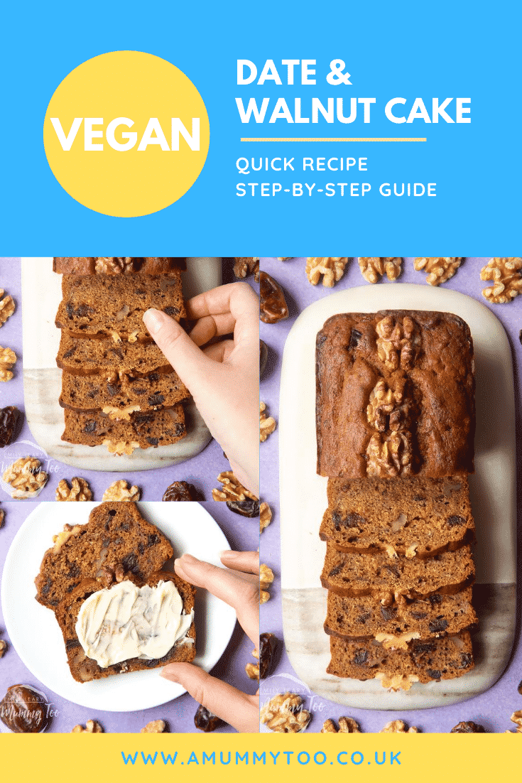 VEGAN DATE & WALNUT CAKE QUICK RECIPE STEP-BY-STEP GUIDE above collage of three photos of vegan walnut bread with website URL below
