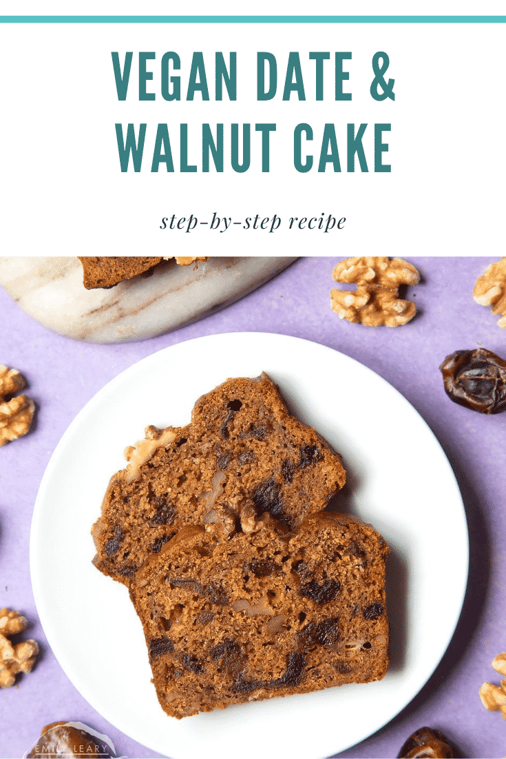 graphic text VEGAN DATE & WALNUT CAKE step-by-step recipe above Overhead shot of date and walnut bread slices
