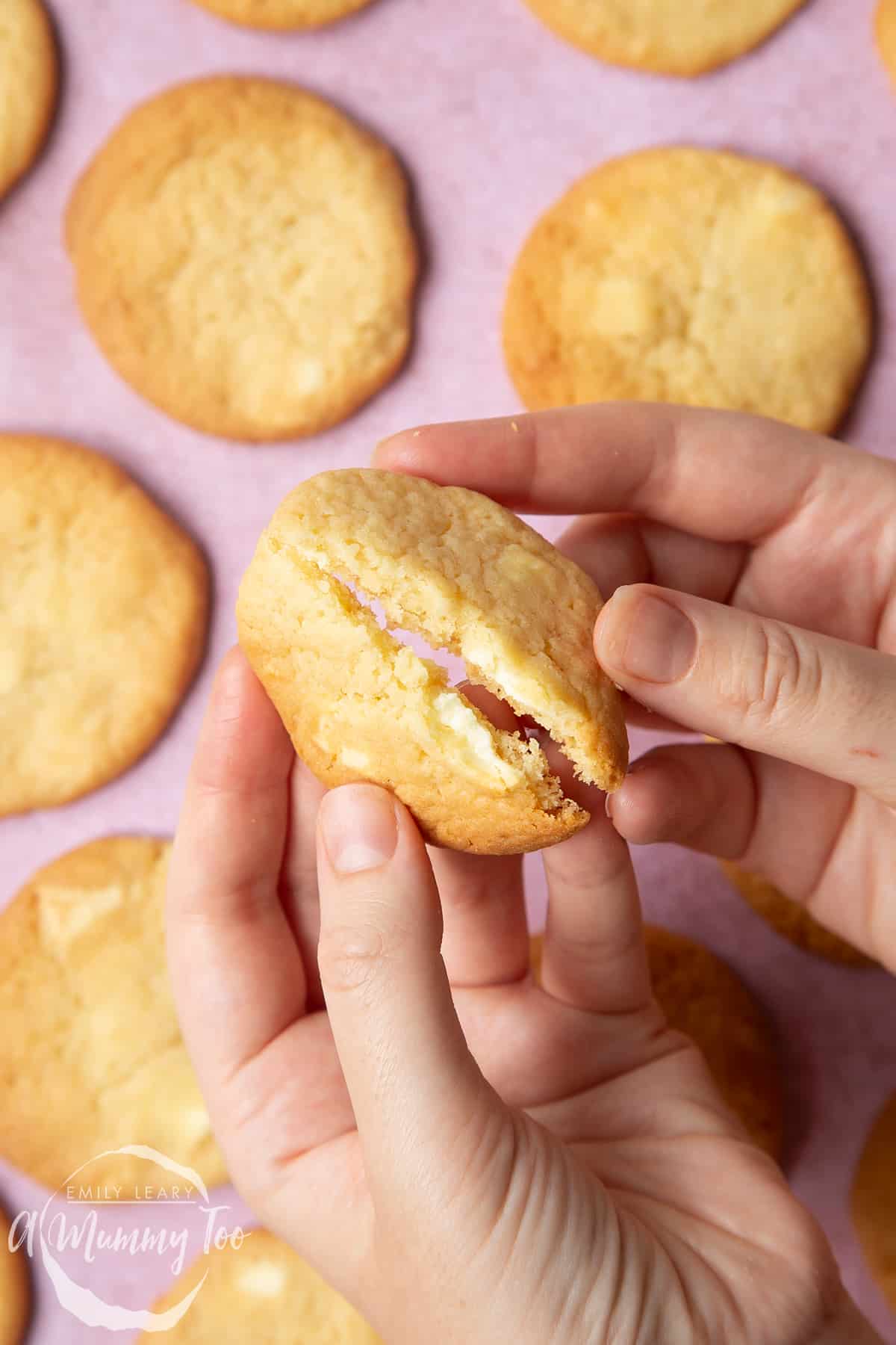 Overhead shot of a hand breaking a White chocolate cookie in half with a mummy too logo in the lower-left corner