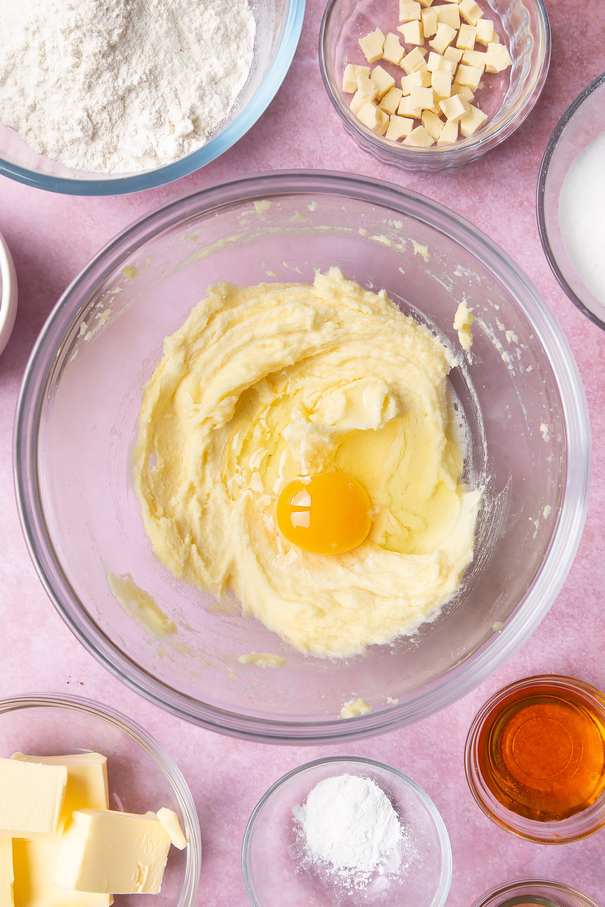 Overhead shot of butter mix in a large clear bowl