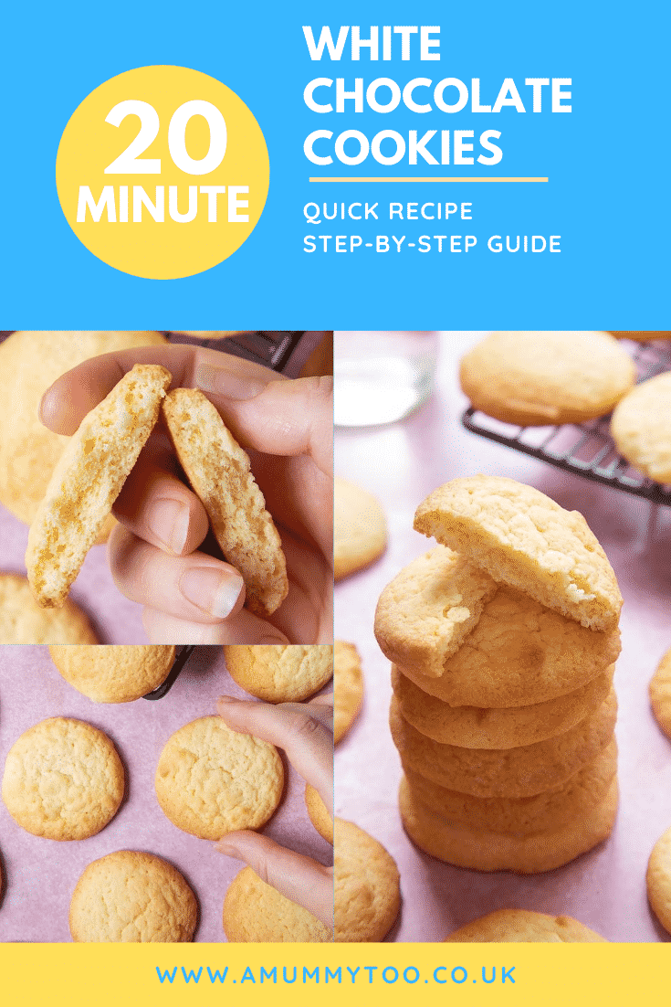 graphic text 20 MINUTE WHITE CHOCOLATE COOKIES STEP-BY-STEP GUIDE QUICK RECIPE above a collage of three photos of White chocolate cookies with website URL below