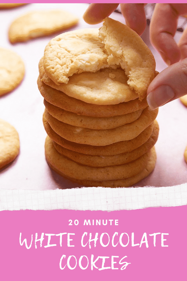 graphic text 20 MINUTE WHITE CHOCOLATE COOKIES STEP-BY-STEP GUIDE QUICK RECIPE above a photo of some stacked white chocolate chip cookies.