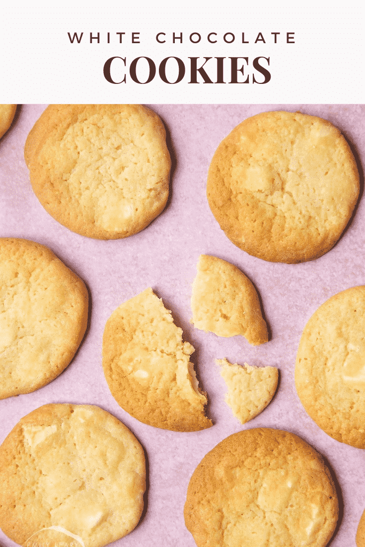 graphic text WHITE CHOCOLATE COOKIES above overhead shot of a chewy White chocolate cookie pieces