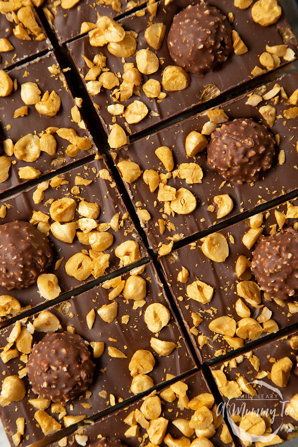 Close up of Ferrero Rocher slices from above.