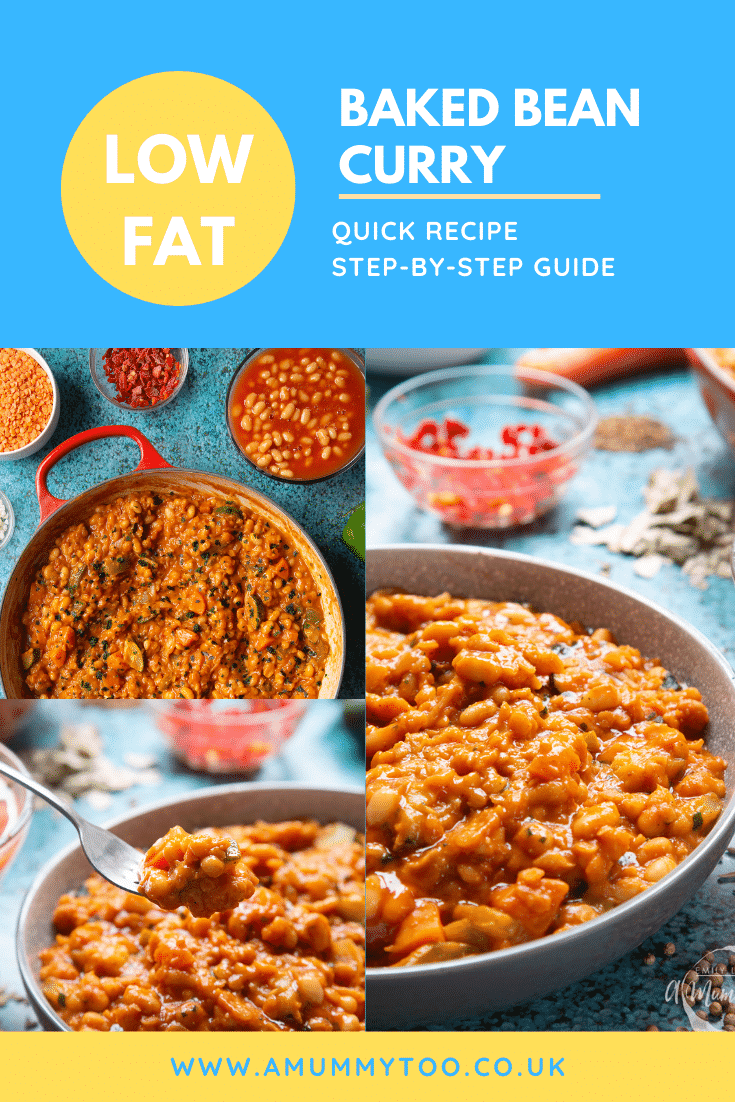 Collage of baked bean curry served in a grey bowl. Caption reads: low fat baked bean curry quick reccicpe step-by-step guide