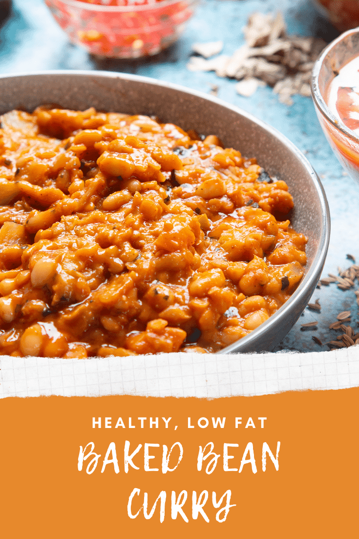 Baked bean curry served in a grey bowl. Caption reads: healthy, low fat baked bean curry