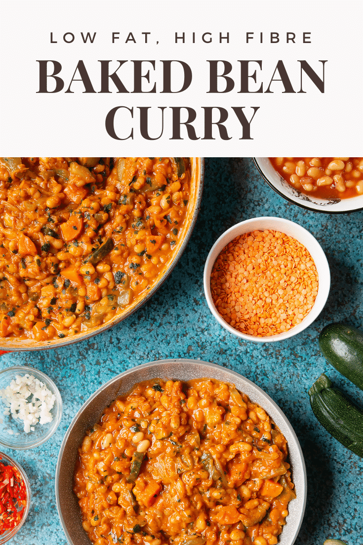 Baked bean curry served in a grey bowl. More curry is shown in a pan to the side. Caption reads: low far, high fibre baked bean curry