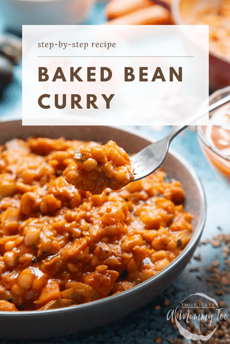 Baked bean curry served in a grey bowl. A fork digs in. Caption reads: step-by-step recipe baked bean curry