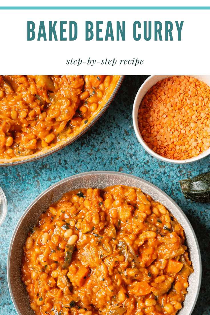 Baked bean curry served in a grey bowl. More curry is shown in a pan to the side. Caption reads: baked bean curry step-by-step recipe