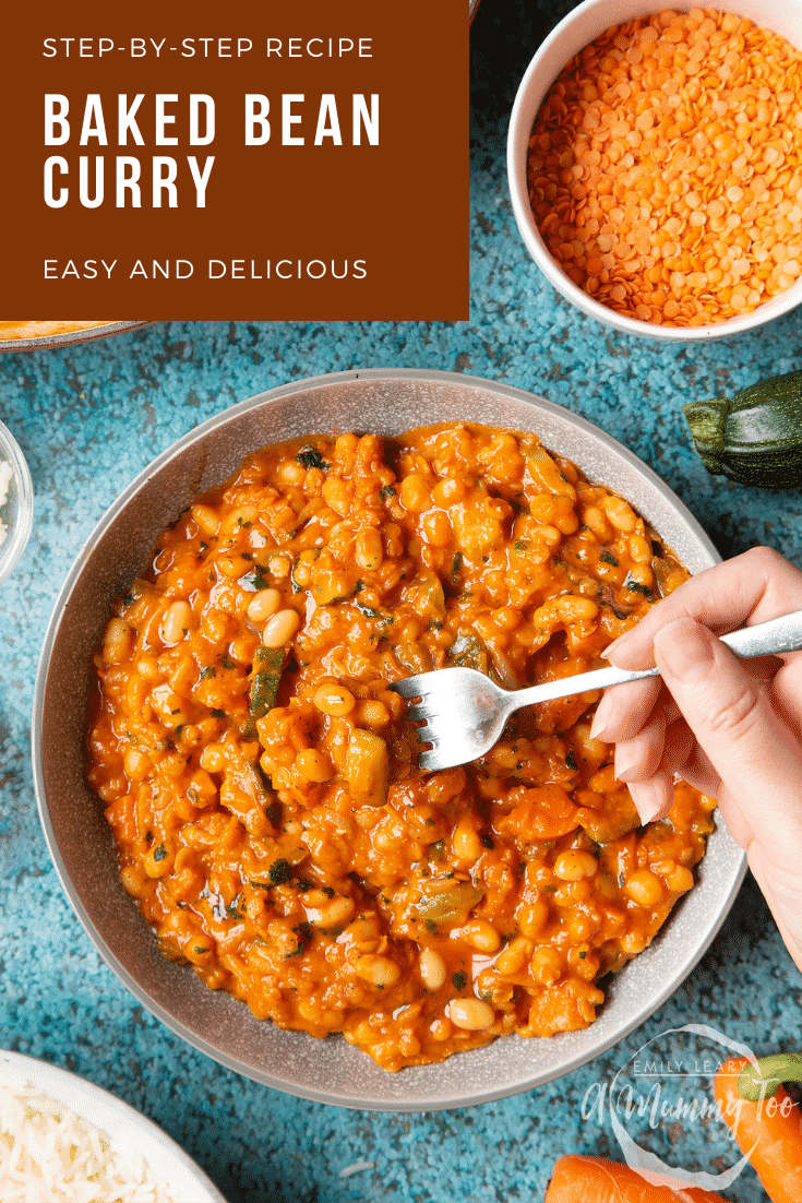 Baked bean curry served in a grey bowl. A fork digs in. Caption reads: step-by-step recipe baked bean curry easy and delicious