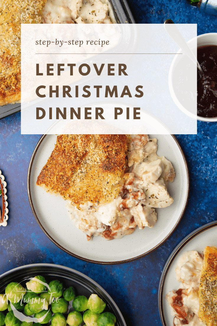 A generous portion of cooked leftover Christmas dinner pie served to a plate. A fork takes a piece. Caption reads: step-by-step recipe leftover Christmas dinner pie.