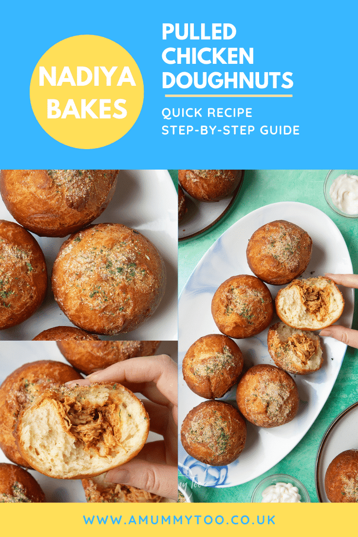 Collage of images of pulled chicken doughnuts, some torn open. Caption reads: Nadiya Hussain's pulled chicken doughnuts quick recipe step-by-step guide.