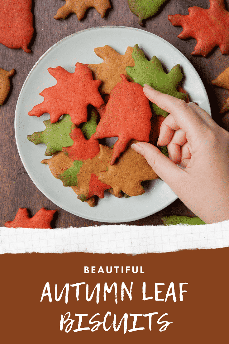 Plate of red, green and brown autumn cookies cut into the shapes of autumn leaves. Caption reads: beautiful autumn leaf biscuits