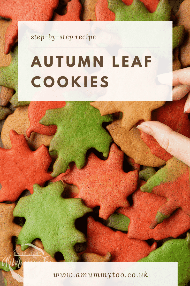 A pile of red, green and brown autumn cookies cut into the shapes of autumn leaves. Caption reads: step-by-step recipe autumn leaf cookies