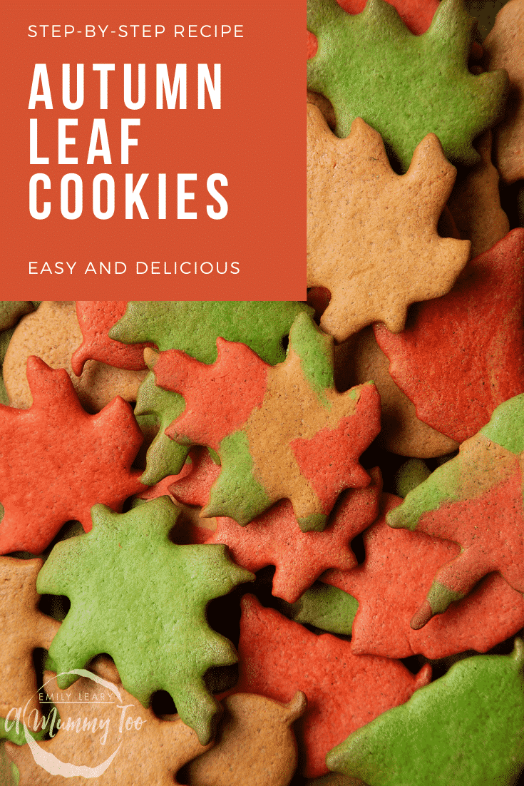 A pile of red, green and brown autumn cookies cut into the shapes of autumn leaves. Caption reads: step-by-step recipe autumn leaf cookies easy and delicious