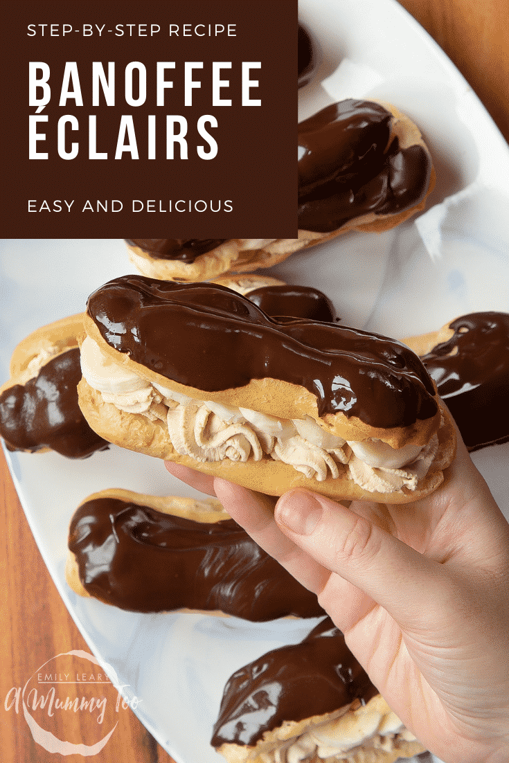 graphic text EASY BANOFFEE ÉCLAIRS QUICK RECIPE STEP-BY-STEP GUIDE above collage of three photos of banoffee éclairs with website URL below