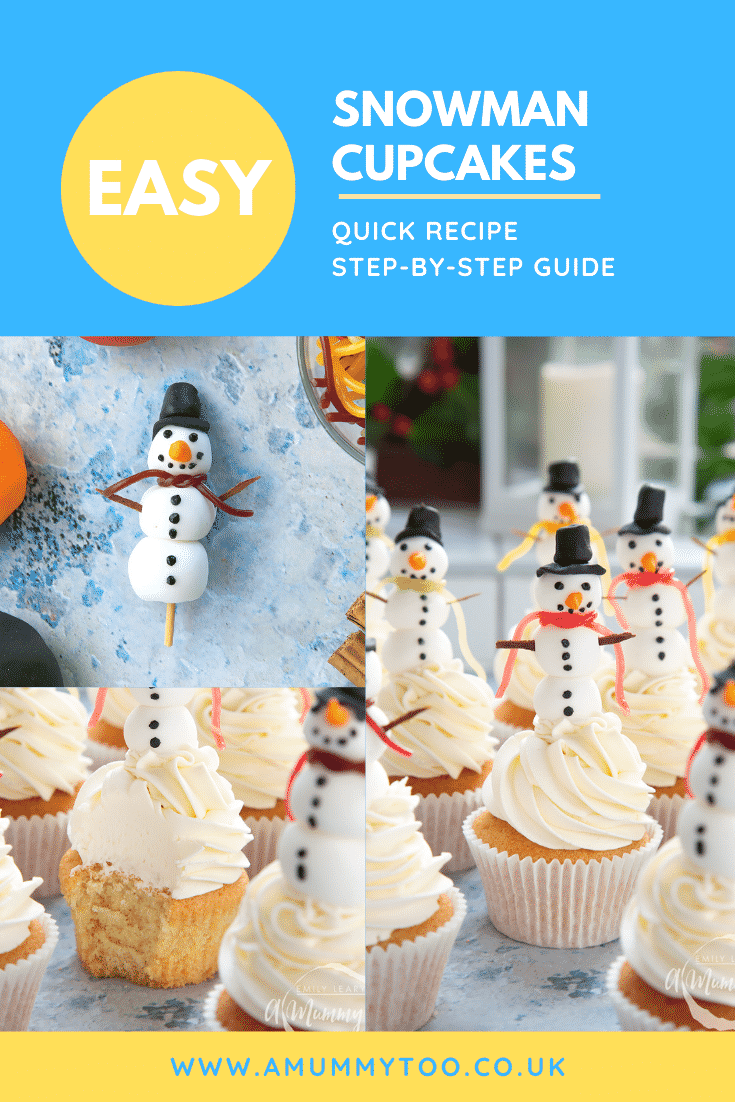 Three process images of the snowman cupcakes. At the top of the image there's some text describing the image for Pinterest.