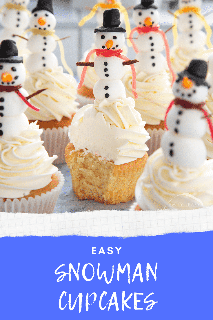 Close up front on shot of the snowman cupcakes. The centered cupcake has had a bite taken out of it. The white text at the bottom of the image describes the image for Pinterest.