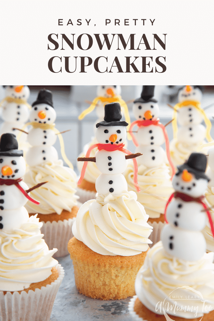 Close up forward facing photo of the snowman cupcakes with text describing the cupcakes at the top of the image.